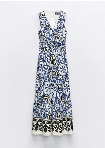 Zara Blue Printed Open Back Sleeveless Midis Dress Size L - Imagen 1 de 5