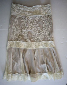 Basil & Maude Women Sz 8 Beige Beaded Heavily Embellished A-Line Midi Skirt $150 - Picture 1 of 6