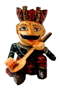 Hand Painted Wooden Sitting Man Musician Playing Instrument Figurine Rajasthani - Picture 1 of 8