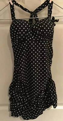 Size Large Black & White Polkadot One Piece Halter Swimsuit W Ruffles - Image 1 of 4