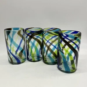 Hand Blown Made In Mexico A Set Of 4 Tumblers With Blue, Green And Brown Swirls - Picture 1 of 11