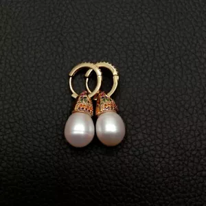 Cultured White Pearl Teardrop Shape Cz Pave Gold Plated Cap Drop Hoop Earrings - Picture 1 of 5