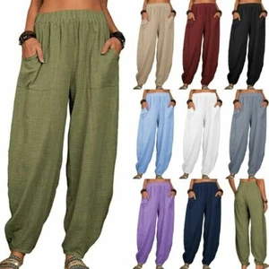 Women Elastic Waist Cotton Linen Harem Pants Ladies Casual Baggy Solid Trousers - Picture 1 of 17
