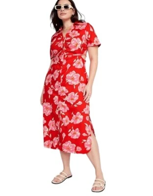 Old Navy Cutout Midi Shirt Dress Women XL Red Floral Short Sleeve Resortwear - Image 1 of 4