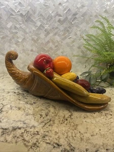Vintage Multi-Colored  Glazed Ceramic Fruit Cornucopia Centerpiece Thanksgiving - Picture 1 of 16