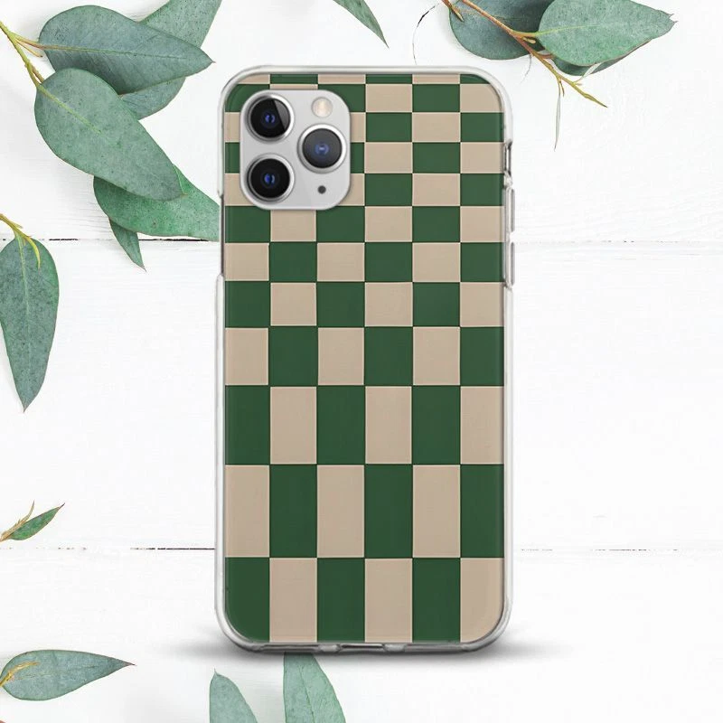 Green Beige Stretch Checkered Case For iPhone 7 8 X SE 11 12 13 14 15 Pro Max XR - Image 1 of 1