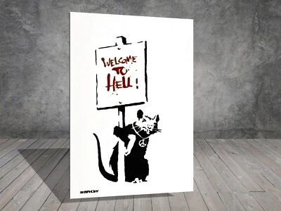 Banksy Welcome To Hell  Rat Graffiti  CANVAS STREET ART WALL  1090 - Image 1 of 4