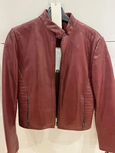 Next | Brand New Real Leather Ladies Biker Jacket Size 10 Dark Red Zip Pockets - Picture 1 of 12