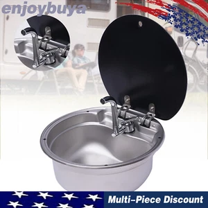 RV Caravan Camper Sink Stainless Steel Hand Wash Basin Sink w/Glass Lid & Faucet - Imagen 1 de 10