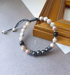 New men's howlite stone with hematite hand woven original design bracelet - Picture 1 of 5