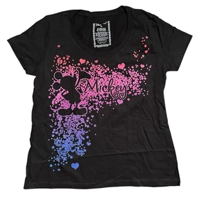 New Disney Mickey Mouse Glitter Rainbow Hearts Organic Cotton Black Tee Shirt XL - Picture 1 of 6
