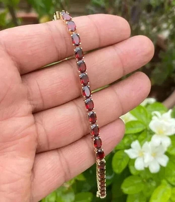 14K Yellow Gold Plated 5CT Oval Cut Lab Created Red Ruby Tennis Women's Bracelet - Image 1 of 4