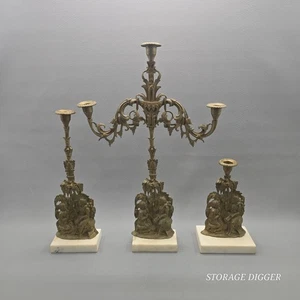 Vintage 3er Set Messing Girandole Kandelaber 21,5" & Kerzenhalter, Marmorsockel - Bild 1 von 17