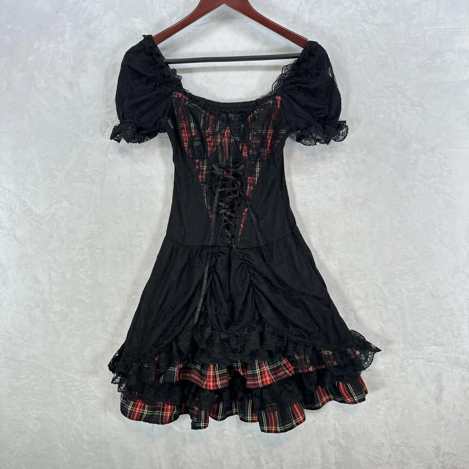 Vestido gótico de lolita y punk para mujer M negro corsé a cuadros encaje volantes caprichoso Foto 1 de 4