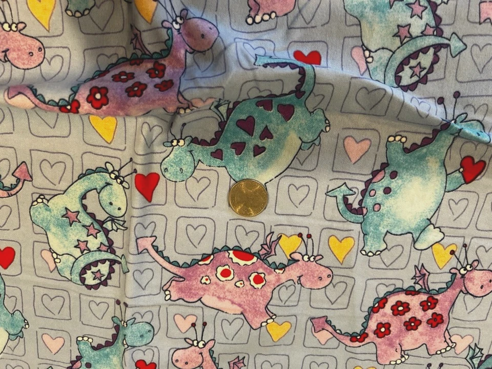 18" X 30" Cute Dinosaurs & Hearts on Blue Cotton  Flannel FabricOOP - Image 1 of 1