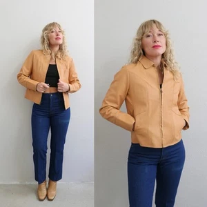 Y2K Vintage Gap Ginger Leather Jacket Women's XS SM ~ 2000s Moto Motorcycle Tan - Picture 1 of 9