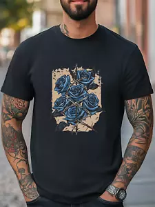 Dark Blue Roses Art Graphic Women Men T-Shirt Trendy Tee Fashion Casual T-shirt - Picture 1 of 19