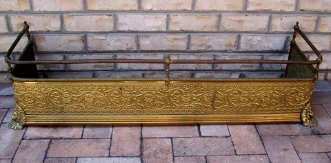 Vtg Brass Fireplace Fender Hearth Surround Art Deco Scroll Lions Head Corners Cover