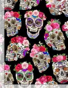 Day of the Dead Skull with Roses Fun CD1583 Timeless Treasures Cotton Fabric - Picture 1 of 2