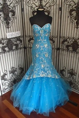 VESTIDO FORMAL SR695B MORI LEE 97108 TALLA 8 AZUL BRILLANTE $739 NEGRO CORBATA GRADUACIÓN Foto 1 de 4