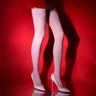 Medias brillantes aceitosas de encaje de pavo real hasta el muslo medias de nylon Foto 1 de 4