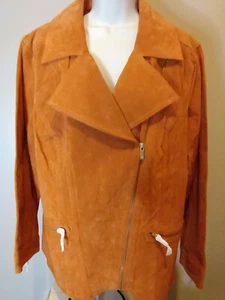 NWT ORANGE SUEDE MOTORCYCLE MOTO JACKET WOMEN SZ 1X DENNIS BASSO WASHABLE LINED - Picture 1 of 18