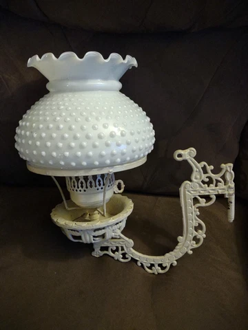 Vintage Cast Iron Repurposed Wall Mount Sconce with Milkglass Hobnail Shade Cover