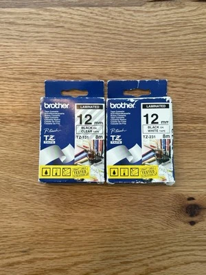 2 Genuine Brother P-Touch TZ-131 TZ-231 12mm x 8m Black On Clear & On White New - image 1 of 2
