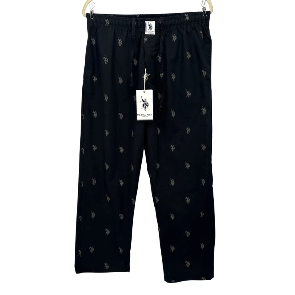 NEW US Polo Assn Mens Large Pajama Pants Trouser Crop Logo Print Black - Image 1 of 4
