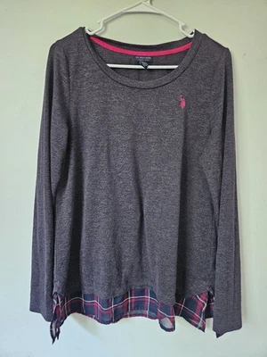 EE. UU. POLO ASSN. Suéter gris jaspeado con dobladillo a cuadros para mujer - talla L Foto 1 de 4