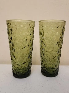 Pair Vintage Anchor Hocking Milano Green 6.5" Crinkle Glass Tumbler Avacado B27 - Picture 1 of 10