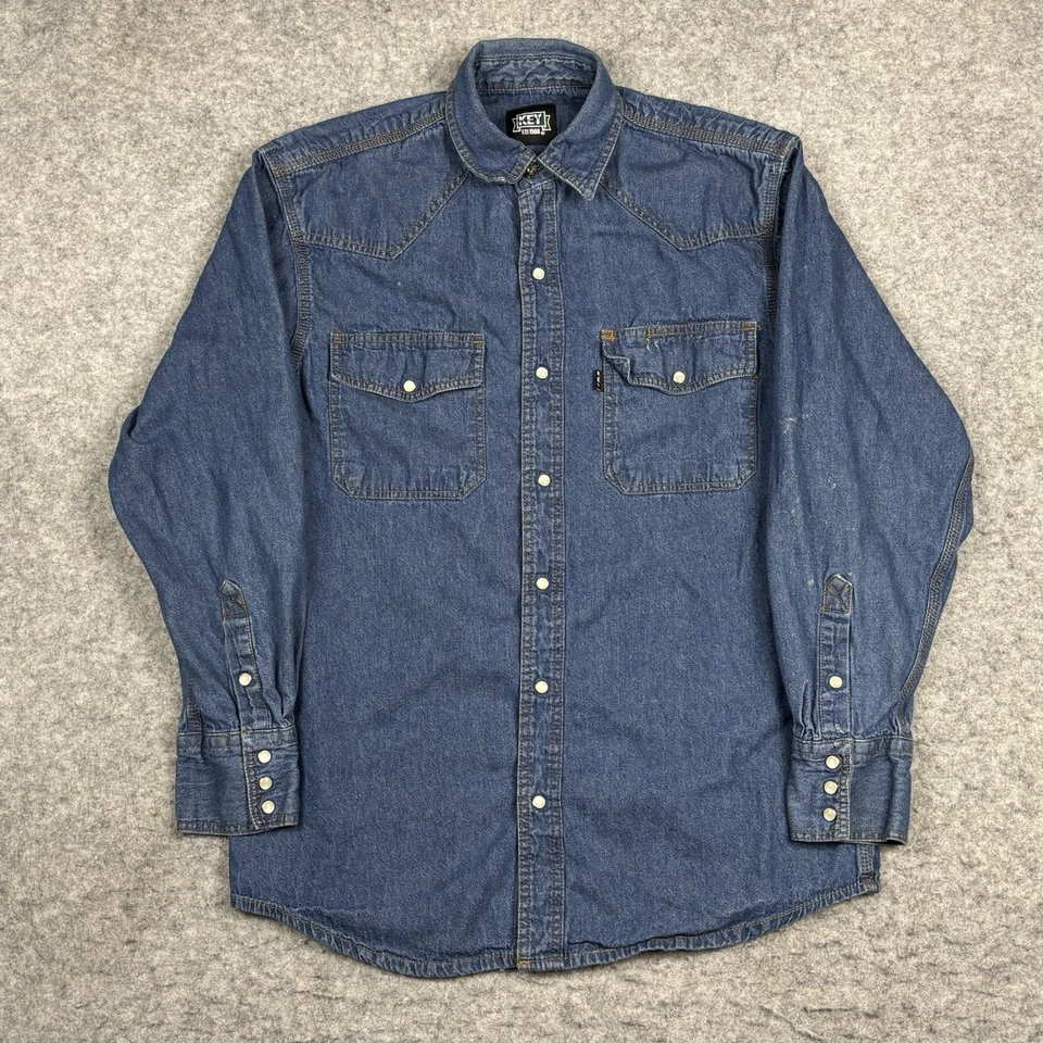 Camisa de mezclilla Key Western Pearl con botones a presión para hombre azul mediano Jean Foto 1 de 4