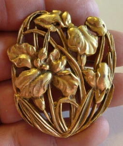 Historische New Orleans HNO Jugendstil Blumen Brosche, handgefertigt Messing, signiert - Bild 1 von 2
