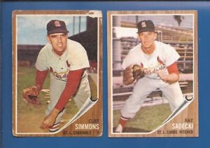 1962 TOPPS Lot of 2 St.L. Cards lefty Pitchers:  C. SIMMONS + R. SADECKI  low gr