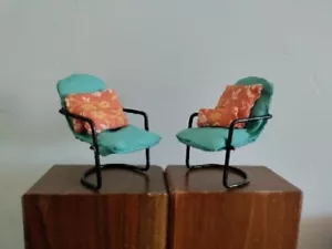 2 Dollhouse Chairs MCM Modern Handcrafted Metal Frame Pillows Turquoise Coral - Picture 1 of 10