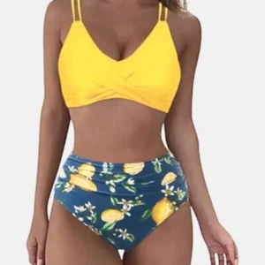 Leuchtend gelbes Bikini-Top mit blauem Zitronenmuster hoher Taille Unterteil Größe XL neu ohne Etikett - Bild 1 von 13