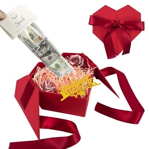 Red Heart Money Box for Cash Gift Pull Ribbon Card Surprise Box Valentine's Day - Picture 1 of 7