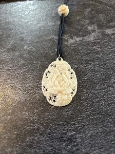 Antique Chinese Hand Carved Celluloid LOTUS BLOSSOM Pendant Necklace #J - Picture 1 of 15