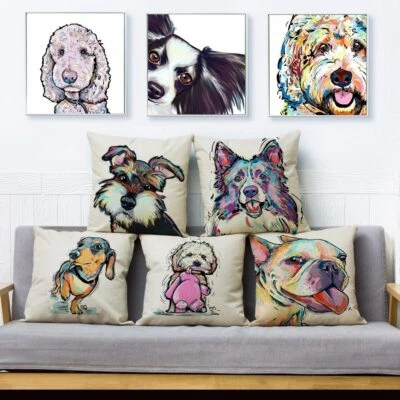 Cartoon Colorful Watercolor Pet Dog Print Throw Pillow Cushion CoversPillow Case - Image 1 of 4