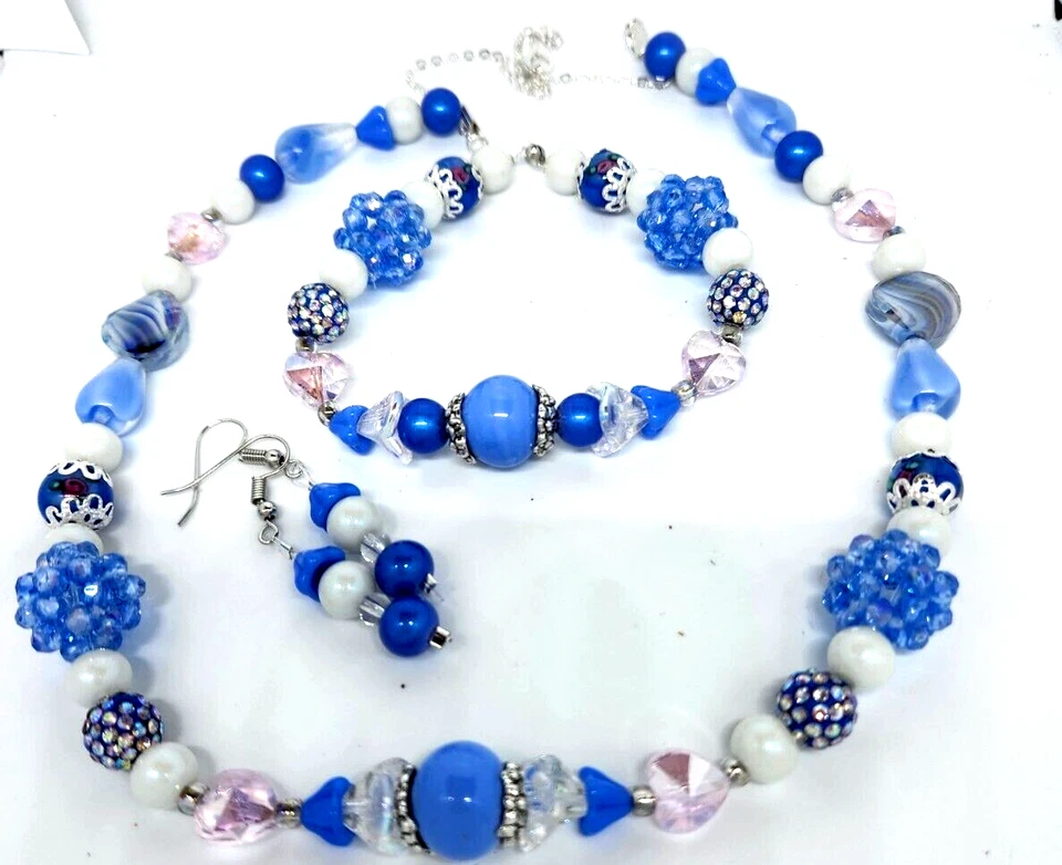 JUEGO DE PULSERAS COLLARES HECHOS A MANO ROSA AZUL cuentas cristal H18 Foto 1 de 4