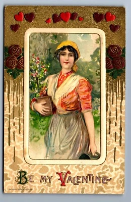 1911 MUJER DAMA ROSAS FLORES AMOR DORADO WINSCH BACK SAN VALENTÍN Postal P15 Foto 1 de 2