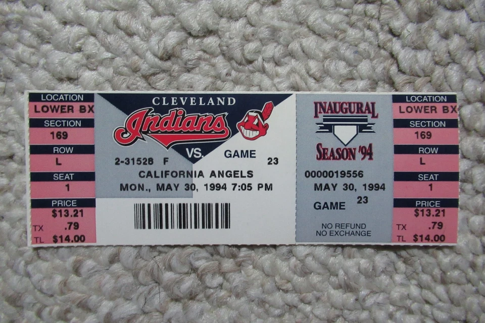 CLEVELAND INDIANS VS CALIFORNIA ANGELS 5/30/1994 FULL TICKET ~ CARLOS BAERGA HR - Image 1 of 1