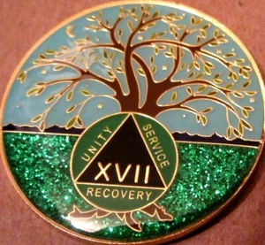 Tree  Blue green SPARKLE Alcoholics Anonymous 17 year AA Medallion Coin Token - Picture 1 of 9