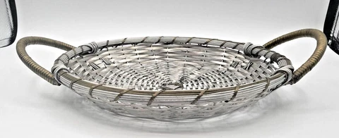 Vintage Aluminum and Brass Hand Woven Metal Round Basket With Handle 10" Cover