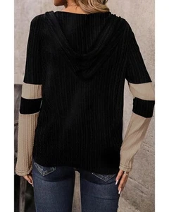 Parchment Textured Colorblock Long Sleeve Quarter Zip Drawstring Hooded Top - L - Picture 1 of 10