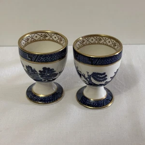Booth’s Real Old Willow Egg Cups Pair – Blue White Gold Trim England VTG - Picture 1 of 13