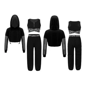 Girls 3 Piece Outfits Crop Tank Top Sweatpants Long Sleeve Hoodie Dance Workout - Picture 1 of 48
