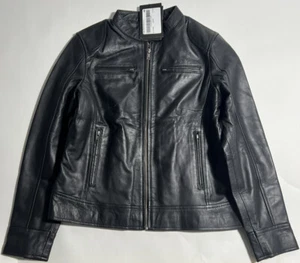 NWT Women Cafe Racer Moto Biker Black Real Leather Brand Jacket Size L W/ Bag - Picture 1 of 5