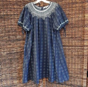 Madewell Dress Women's XS Blue Embroidered Puff Sleeve Babydoll Indigo Plaid   - Picture 1 of 12