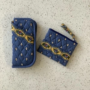 Vera Bradley Blue FRENCH Yellow Zip Wallet Coin Case Pouch and Eyeglass Case 90s - Picture 1 of 12